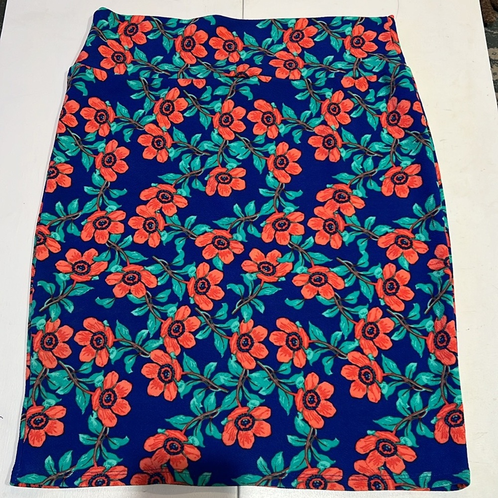 Blue & Coral Floral Print Pencil Pull on Style Skirt XL vibrant - Picture 2 of 4